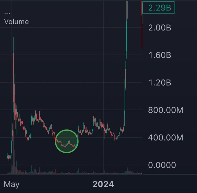 A candlestick chart displaying volume data spanning from May 2023 to 2024, with a y-axis ranging from 0 to 2.29B. The chart highlights a circled low-volume consolidation period in the middle of the range, before showing a massive volume spike to 2.29B on the right side — humorously suggesting that the poster's memecoin holdings are trapped in the circled low-activity zone before the eventual breakout.