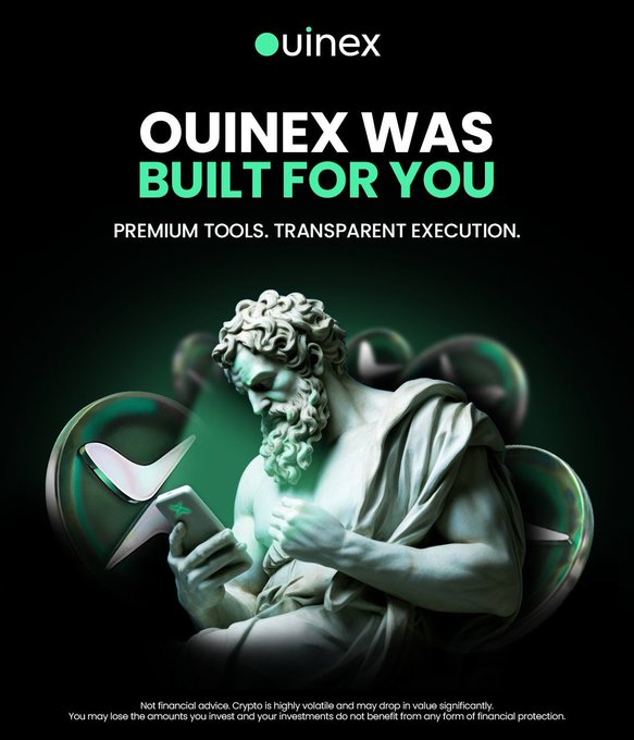 A uinex crypto exchange advertisement featuring a Greek-style statue holding a phone with the XRP logo, reading 'OUINEX WAS BUILT FOR YOU' and 'PREMIUM TOOLS. TRANSPARENT EXECUTION.'