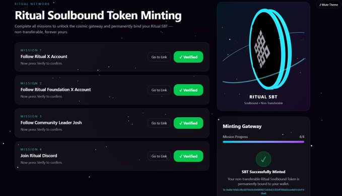 The image shows a screenshot of an online dashboard belonging to an online community known as Rituals. The dashboard displays various features related to the Ritual Coin mining process, such as account information and other tools that the miners can utilize. One notable feature is a green "Minted" button in the center of the screen, indicating that a mining operation has recently been successfully completed or is about to start. The main post within this community talks about how they have just minted their Ritual coin, which means the new Coin has been created and is available for miners to use in the mining process. This dashboard helps users track their progress and stay connected with other members of the virtual community.