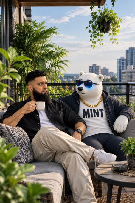 A bearded man relaxes on a balcony couch with a coffee mug alongside a stylish white bear mascot wearing sunglasses, a gold chain, and a "MINT" t-shirt, visually personifying the relaxed morning reflection on MINT's progression mechanics.