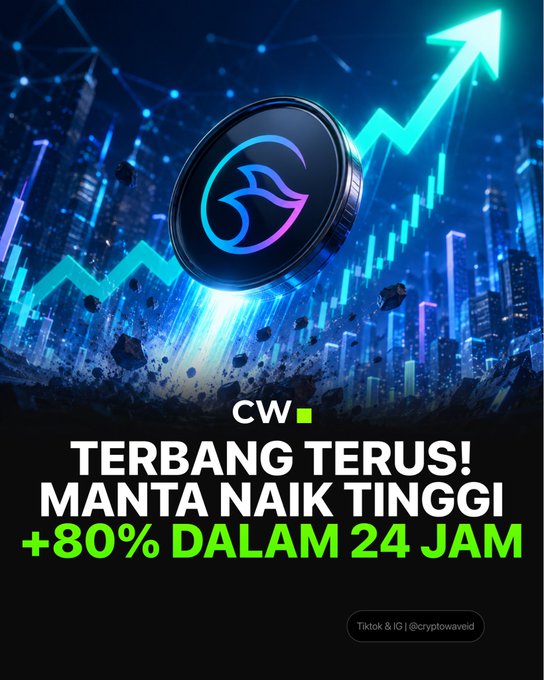 A vibrant crypto-themed graphic featuring a stylized MANTA token coin launching upward amid a glowing blue cityscape and rising chart arrows, with bold text reading "TERBANG TERUS! MANTA NAIK TINGGI +80% DALAM 24 JAM" and the CW logo, visually reinforcing the post's headline about MANTA's dramatic 80% price surge within a single day.