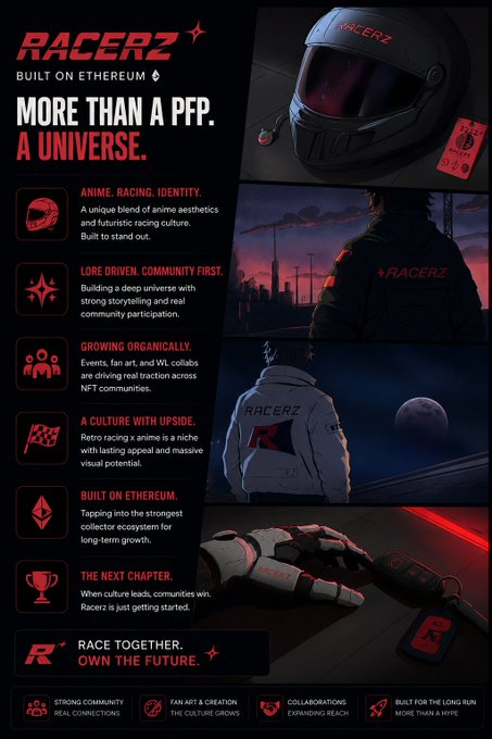 The image features an advertisement for a racing game called "Racerz" with a poster-like design, showcasing various elements of the game's theme such as a helmet, a car, and other racing elements. The text on the poster highlights that the game is built on Ethereum and has a PFP (Perpetual Fantasy Project) universe, which implies that it offers a unique gaming experience beyond what one would typically find in traditional games. The post also mentions that the game focuses on anime aesthetics, futuristic racing culture, and strong visual identity to create an immersive universe for players.