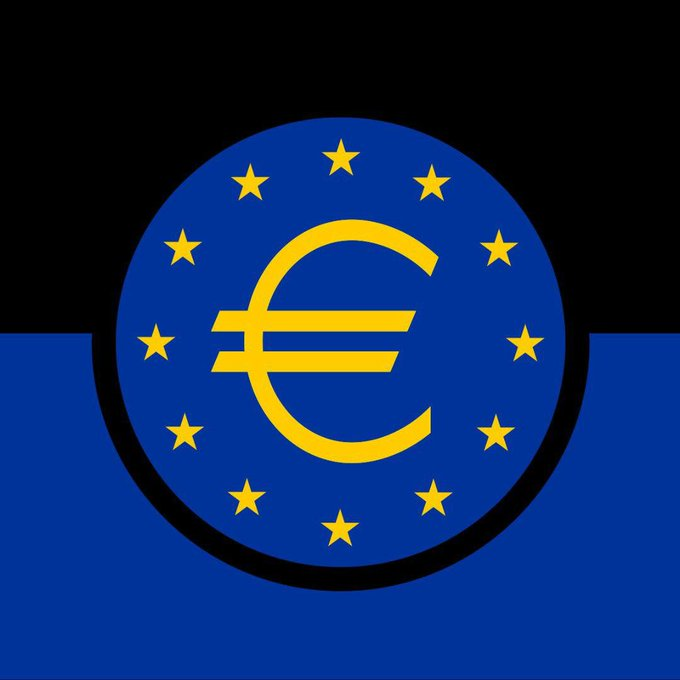 A stylized graphic features the euro symbol (€) in yellow centered on a blue circular emblem surrounded by a ring of 12 yellow stars, set against a split black and blue background. The image visually represents the digital euro initiative announced by the European Central Bank in connection with the launch of Pontes for tokenized wholesale interbank transactions.