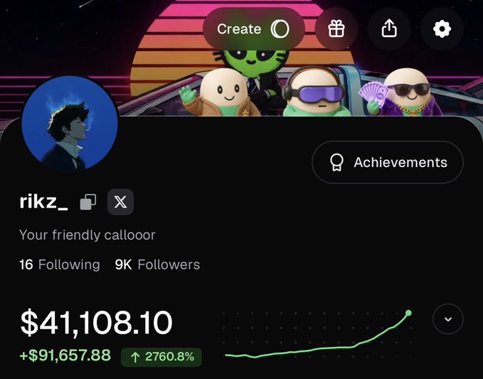 A screenshot of a social media profile page for user 'rikz_' with the bio 'Your friendly callooor', showing 16 Following, 9K Followers, and a portfolio value of $41,108.10 (+$91,657.88, 2760.8%).