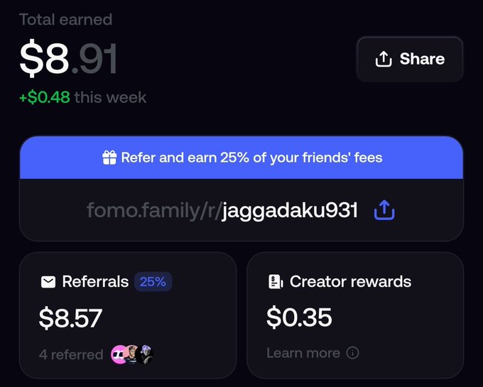 A dashboard interface showing 'Total earned $8.91' with '+ $0.48 this week', a referral link 'fomo.family/r/jaggadaku931', and breakdowns for 'Referrals $8.57' (25%) and 'Creator rewards $0.35'.