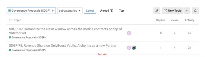 A forum listing for 'Governance Proposals (SDGP)' showing the Latest tab with topics 'SDGP-76: Harmonize the claim window across the merkle contracts on top of Votemarket' and 'SDGP-75: Revenue Share on OnlyBoost Vaults, Alchemix as a new Partner'.