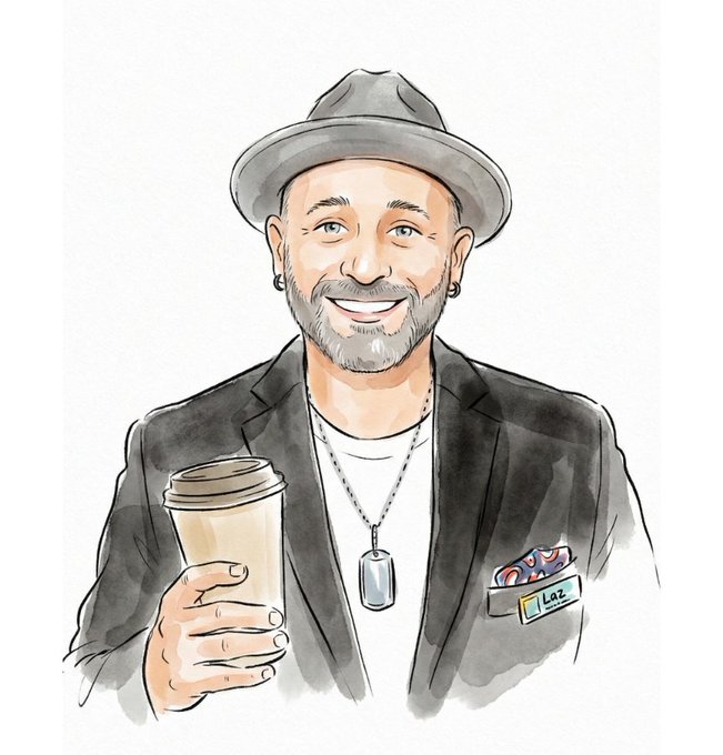 A watercolor-style illustration of a smiling bald man with a gray beard, wearing a gray fedora, black blazer, dog tags, and a pocket protector with a badge reading 'Laz,' while holding a coffee cup.