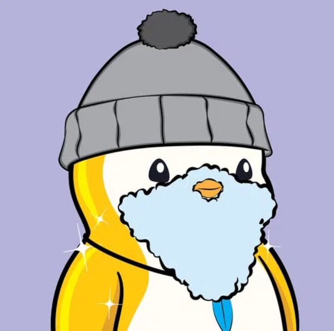 A cartoon illustration of a yellow and white bird wearing a gray winter beanie hat and a fluffy light blue scarf against a purple background.