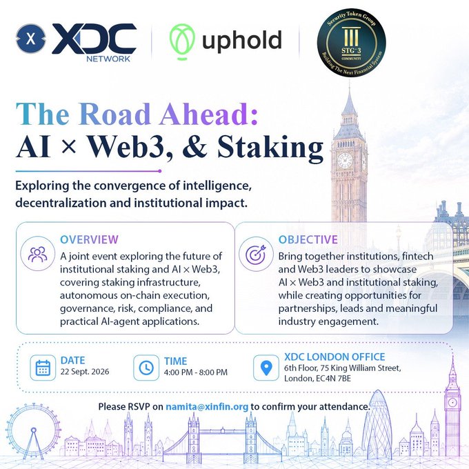 A promotional flyer for "The Road Ahead: AI × Web3, & Staking," a joint event hosted by XDC Network and Uphold on September 22, 2026, at the XDC London Office.