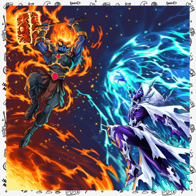 A vibrant fantasy digital artwork depicting two characters battling: a blue-skinned warrior engulfed in flames wielding a flaming book on the left, and a purple-and-white robed spellcaster conjuring a massive blue energy sphere on the right.