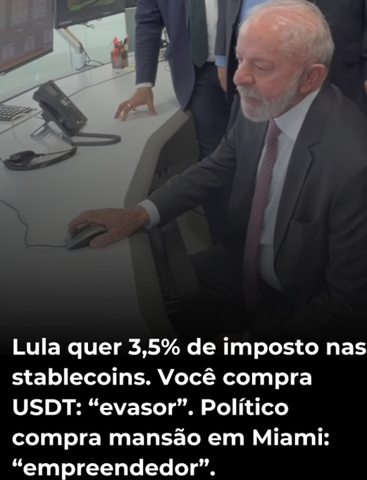 The image shows an older man sitting at a desk, using a computer mouse while wearing a suit and tie. The text of the image includes information about stablecoins and the Brazilian government's interest in them.