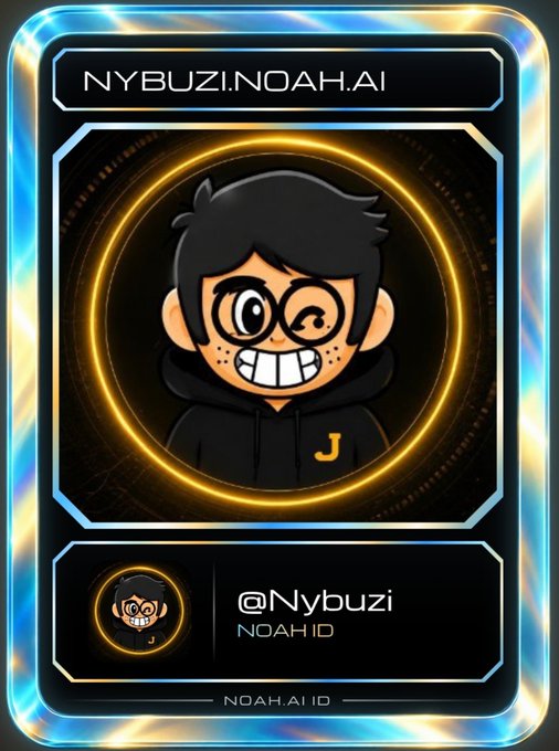 A digital collectible card from 'NOAH.AI' featuring a cartoon avatar of '@Nybuzi' with the ID 'NYBUZI.NOAH.AI', displayed in a holographic blue and gold frame.