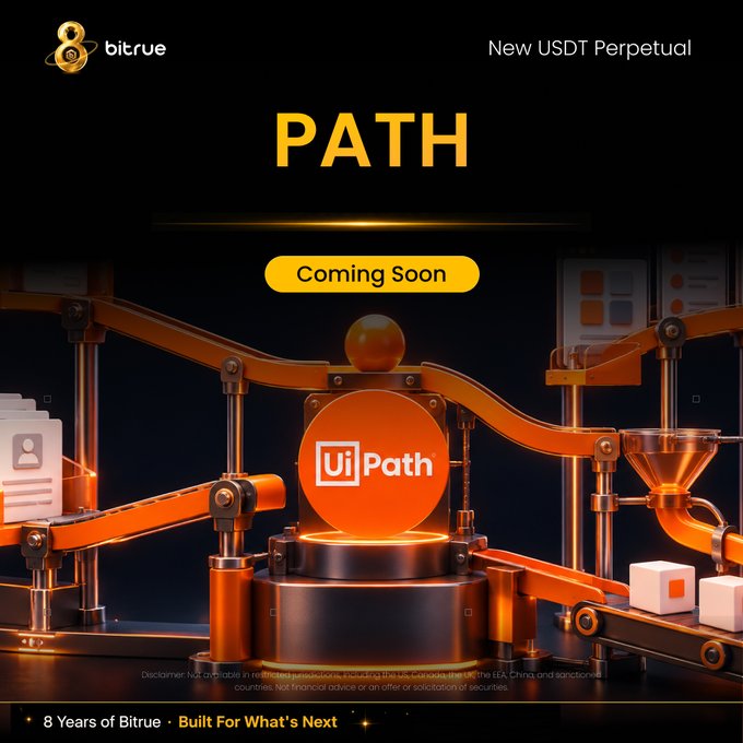 A promotional Bitrue announcement graphic featuring "PATH" in large yellow text, noting "New USDT Perpetual" and "Coming Soon" alongside a UiPath-branded sphere on an industrial platform, with "8 Years of Bitrue - Built For What's Next" at the bottom, teasing the upcoming $PATHUSDT perpetual futures listing on September 22.