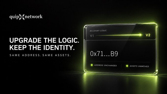 A promotional graphic for 'quipXnetwork' with the slogan 'UPGRADE THE LOGIC. KEEP THE IDENTITY. SAME ADDRESS. SAME ASSETS.' showing a progression from 'V1' to 'V2' under 'ACCOUNT LOGIC' and the address '0x71...B9'.
