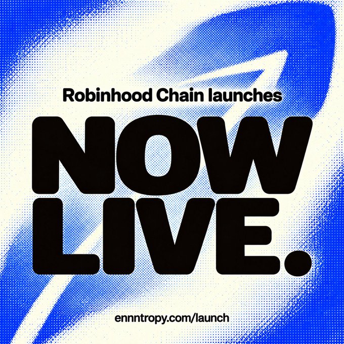 A bold announcement graphic with a halftone blue background declaring "Robinhood Chain launches NOW LIVE." The image serves as a visual launch announcement for the Ennntropy platform's expansion to Robinhood Chain, promoting features like Uniswap v4 pools, permanently locked liquidity, and the ability to create prediction markets at ennntropy.com/launch.