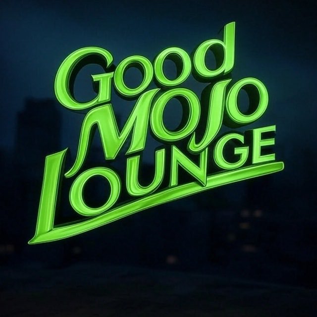 A glowing green neon-style logo displays the text 'Good MOJO Lounge' against a dark city skyline background.