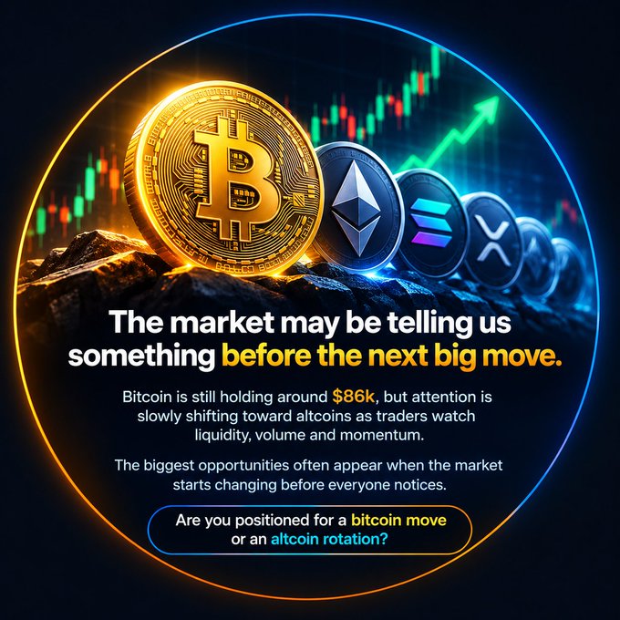 A cryptocurrency promotional graphic featuring Bitcoin, Ethereum, Solana, and XRP coins with the text 'The market may be telling us something before the next big move' and 'Bitcoin is still holding around $86k' asking 'Are you positioned for a bitcoin move or an altcoin rotation?'