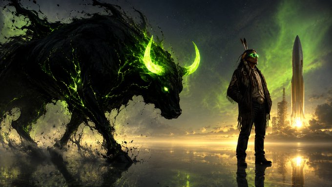 A fantasy scene depicts a person with glowing green eyes standing beside a massive, shadowy creature with glowing green horns, set against a cosmic green sky with a launching rocket in the background.