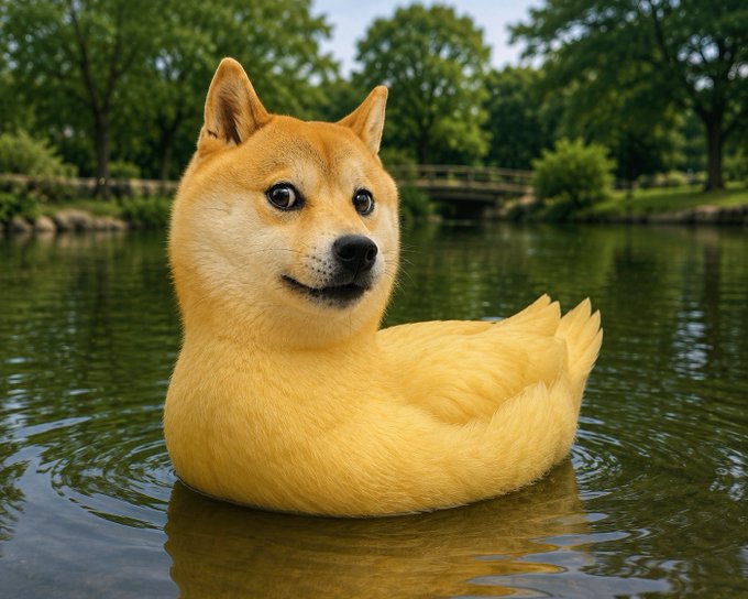 A whimsical AI-generated illustration of a Shiba Inu dog designed to look like a duck floating on a lake, combining the iconic doge meme imagery with a rubber duck aesthetic in a serene park setting.