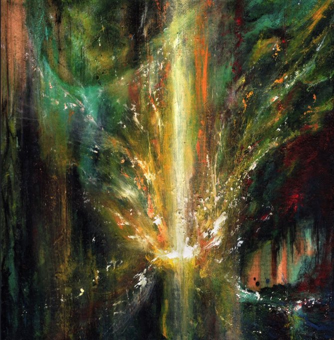 An expressive, abstract painting featuring a bright, glowing vertical center that radiates outwards with energetic brushstrokes of green, white, yellow, and red.