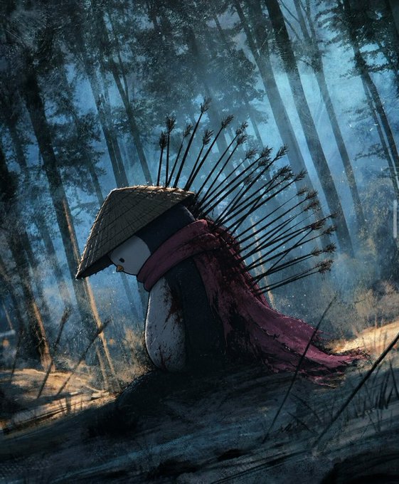 Dark fantasy artwork of a small round figure wearing a straw hat and red cape, pierced by multiple arrows in a misty forest setting.