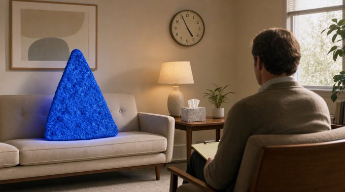 A man sits in a therapy room across from a bright blue, triangular “bluechip” object on the couch, giving literal visual form to “Doc, people keep calling me a bluechip $BLUECHIP.” A wall clock shows approximately 5:02.