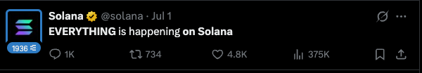 The image shows a tweet from the official Solana (@solana) account posted on July 1, reading "EVERYTHING is happening on Solana," which has garnered 375K views and 4.8K likes. The tweet reinforces the accompanying post's enthusiastic listing of various activities and communities thriving on the Solana blockchain.