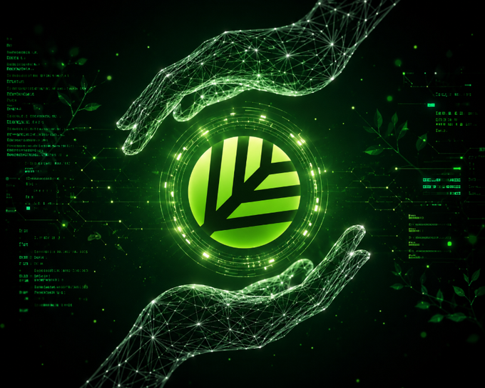 A green-tinted digital graphic featuring two wireframe hands cradling a glowing circular logo with leaf-like shapes, set against a background of code and foliage.
