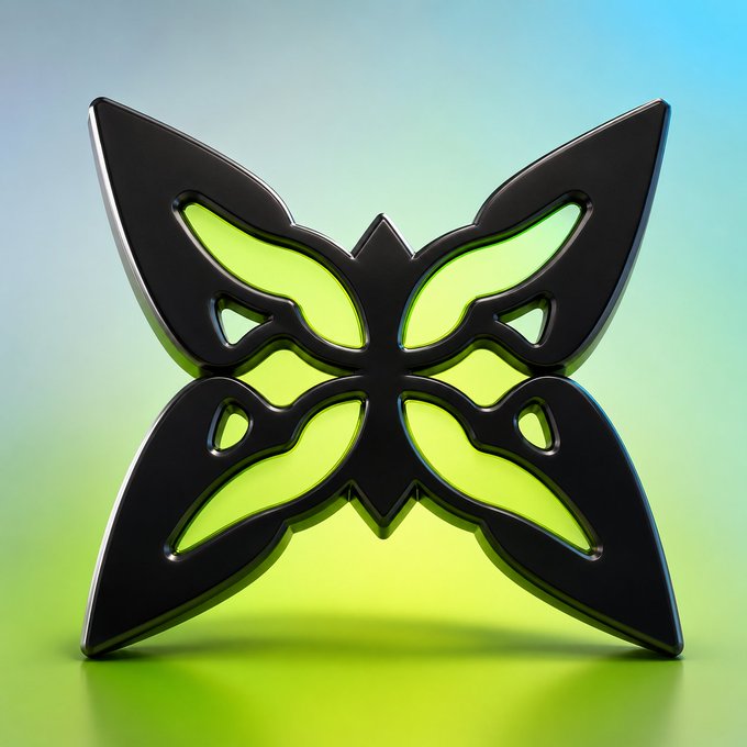A 3D-rendered black butterfly-shaped object with bright neon green cutout patterns on its wings stands against a gradient green and blue background.