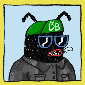 A cartoon illustration of a bug-like character wearing a green 'BB' cap, blue sunglasses, and a gray collared shirt, with an open mouth showing teeth.