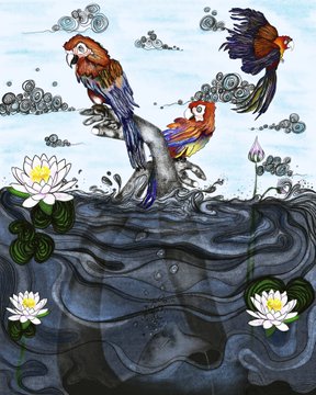 An illustration of two colorful parrots flying above a hand emerging from dark water, surrounded by lotus flowers.