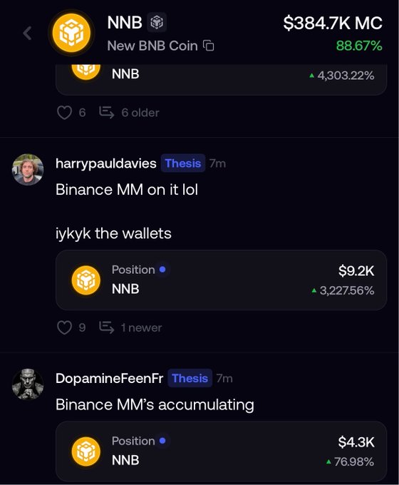 A screenshot of a crypto trading app showing 'NNB' (New BNB Coin) with a market cap of '$384.7K' and an 88.67% gain, along with social posts discussing 'Binance MM' (market makers) and wallet positions.