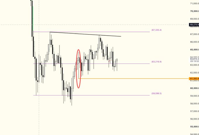 A candlestick chart showing price levels marked at 67,335.4, 63,216.9, 61,264.4, and 59,098.5, with a red circle highlighting a section of candles.