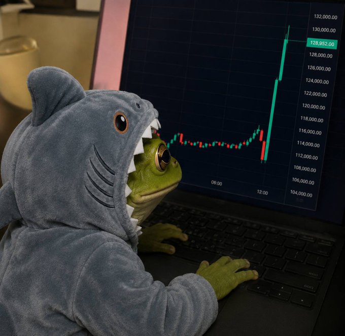 A humorous image of a frog wearing a shark onesie (or hooded costume) appearing to type on a laptop displaying a stock/crypto price chart that shows a sharp upward spike.