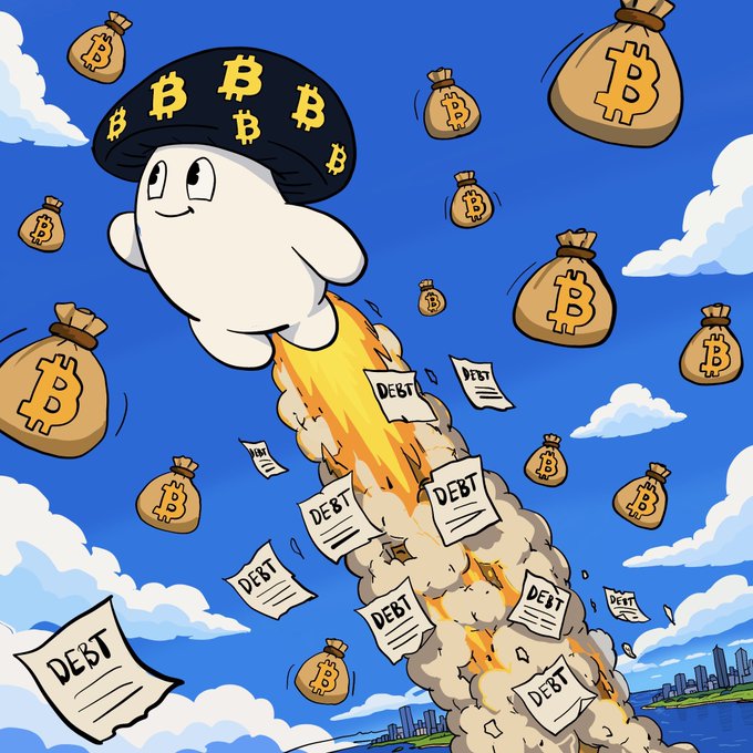 A cartoon illustration depicts a white character wearing a black Bitcoin-patterned cap riding a rocket made of smoke and flames labeled 'DEBT', soaring through a blue sky filled with money bags bearing the Bitcoin logo.
