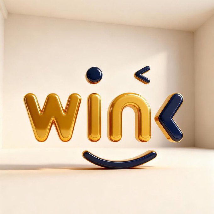 A glossy 3D-rendered logo spelling "WINK" in gold and navy blue letters is displayed against a cream-colored backdrop. The playful, modern typography visually represents the concept of a friendly wink in the context of trusted blockchain oracles delivering accurate data for next-generation decentralized applications.