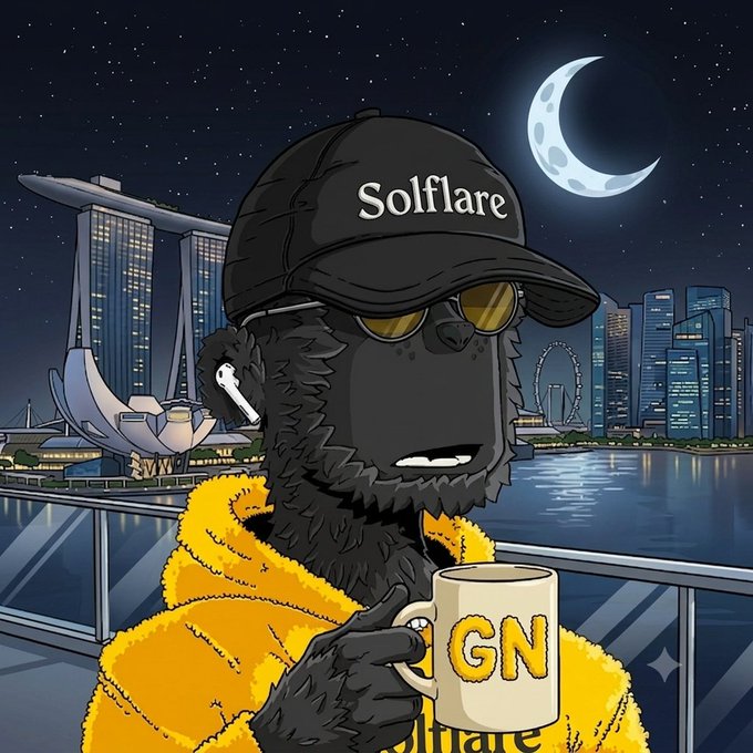 A digital illustration of a black gorilla wearing a cap labeled 'Solflare' and yellow sunglasses, holding a 'GN' mug with the Singapore skyline and Marina Bay Sands in the background at night.