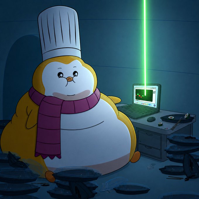 An illustration depicts a chubby penguin-like creature wearing a chef's hat and purple scarf, standing next to a laptop playing music on a green beam amidst scattered vinyl records.