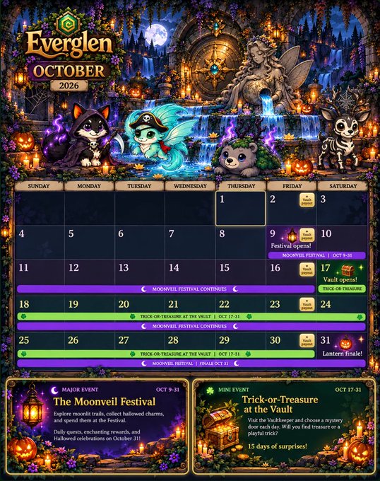 An Everglen mobile game calendar for October 2026 featuring Halloween-themed artwork with a 'Moonveil Festival' and 'Trick-or-Treasure at the Vault' mini event.