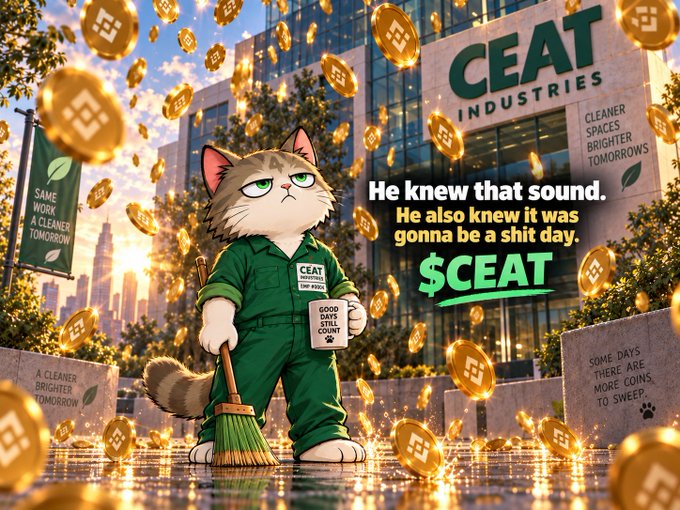 An anime-style cat in green CEAT Industries coveralls holds a broom amid falling gold crypto coins, with text reading 'He knew that sound. He also knew it was gonna be a shit day. $CEAT'.