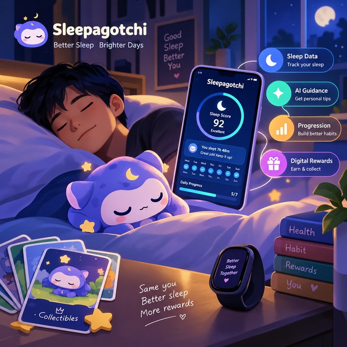 A promotional image for the 'Sleepagotchi' app features a sleeping boy cuddling a purple cat-like character, alongside a smartphone displaying a Sleep Score of 92 and features like Sleep Data, AI Guidance, Progression, and Digital Rewards.
