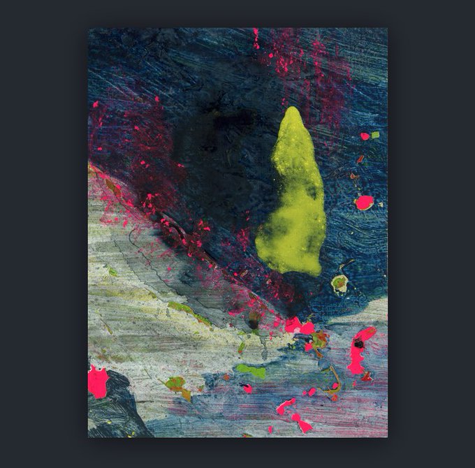 A vibrant abstract acrylic painting on canvas featuring bold splashes of fluorescent yellow and magenta against a textured blue and gray background, fitting the "Moment on color #03" series listed for secondary sale at 1.87 SOL on exchange.art.