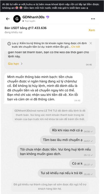 A screenshot of a Telegram chat with user "GDNhanh30s" (LE THI TU) showing a USDT sale of 17,433,636 VND, where the buyer clicked "payment completed" without actually transferring the bank funds, prompting the seller to warn about canceling the order to avoid losing the cryptocurrency.