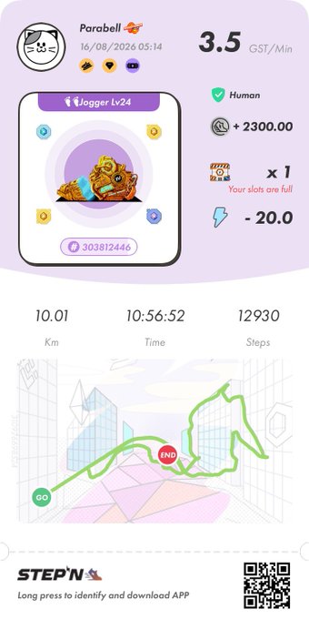 A STEPN app interface screenshot showing fitness stats including '10.01 Km', '10:56:52 Time', and '12930 Steps', along with a digital sneaker asset and '3.5 GST/Min'.