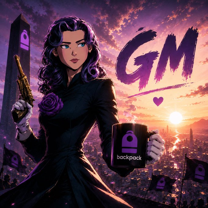 An illustrated female character in black holding a gun and a 'backpack' branded mug, with 'GM' text and purple flags in a sunset cityscape background.