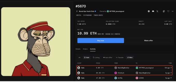 An NFT marketplace listing for Bored Ape Yacht Club #5670, currently owned by MITFER_jesusofgod, showing a Buy Now price of 10.99 ETH and activity history of recent sales.