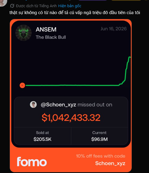 FOMO advertisement in Vietnamese featuring ANSEM 'The Black Bull' dated Jun 16, 2026, showing @Schoen_xyz missed out on $1,042,433.32, with sold at $205.5K and current $96.9M.