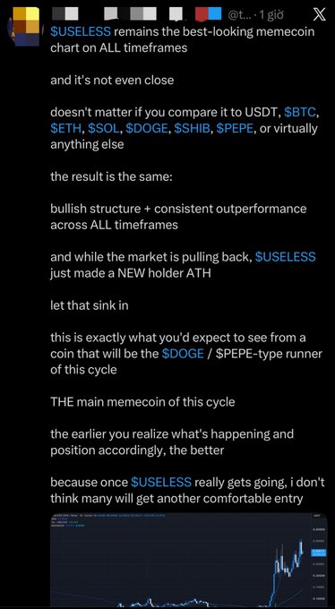 A cryptocurrency social media post promoting '$USELESS' as the 'best-looking memecoin chart on ALL timeframes,' comparing it to USDT, $BTC, $ETH, $SOL, $DOGE, $SHIB, and $PEPE, with a screenshot of its price chart.