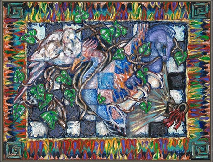 A vibrant, painterly artwork depicting two figures entwined with leafy vines against a checkered blue and white background, framed by a colorful, flame-like border.