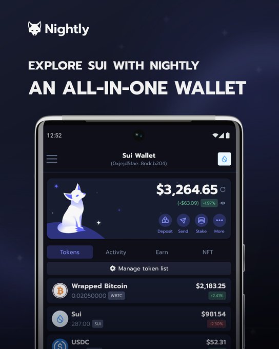The image shows a cell phone screen displaying an app called "Nightly". The app has a cartoon cat as its main character and offers various features such as trading Bitcoin, managing transactions, and accessing different lists of data. The text on the screen reads "Explore Sui with Nightly", which suggests that users can explore the cryptocurrency market using this app. The post also mentions that the app is available for download and provides a link to download it from the provided website.